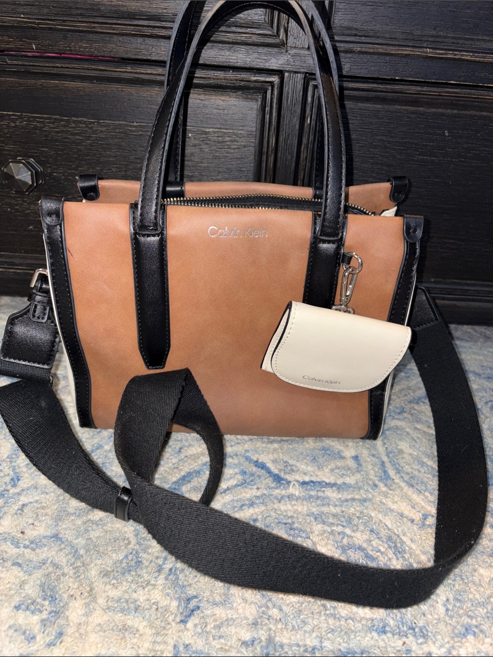 Calvin Klein Brown and Black Leather Bag with Cream Key Pouch